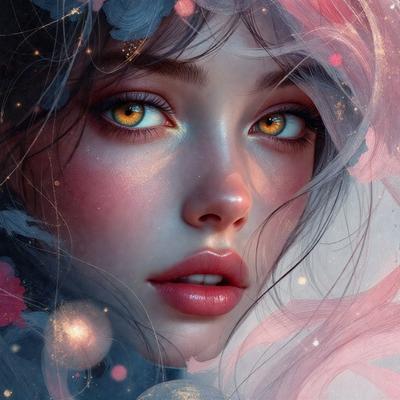 The primary subject of the image is a woman with long hair and a flower in her hair. She has a pink lipstick on and is looking at the camera. The setting is a room with a pink background, and the visual style is a digital art or illustration. The colors and mood of the image are predominantly pink, creating a warm and inviting atmosphere.